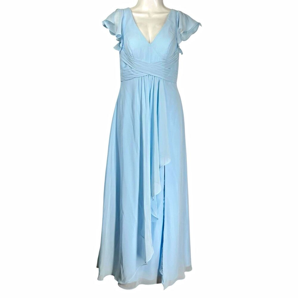 Azazie Blue Dress A4 Flutter Sleeve Ruched V-Neck Chiffon Bridesmaid Gala Gown